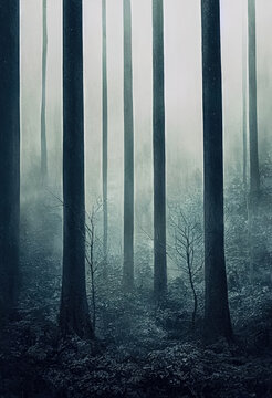 Gloomy, spooky, foggy dark forest landscape. Surreal mysterious horror forest background. Generative AI.
