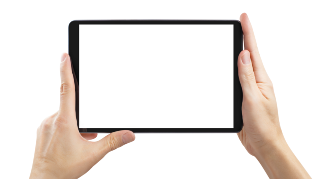 Hands holding black tablet computer cut out