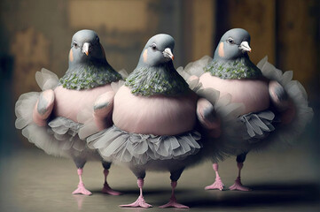 pigeon ballerinas. Generative AI image. - obrazy, fototapety, plakaty