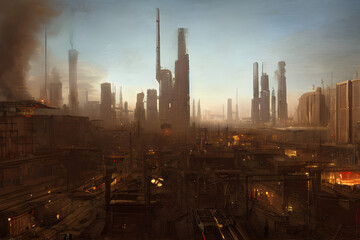 Fototapeta na wymiar dystopian concept art of a futuristic city landscape in a cyberpunk themed sci fiction universe, Generative AI