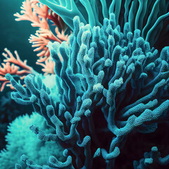 cyan coral reef and coral in the deep ocean, created with generative ai