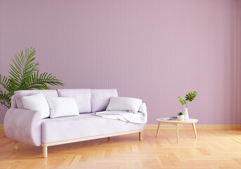 Fototapeta na wymiar Sofa in purple living room with free space for mock up,3D rendering