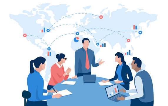 Global trade, global investment. The team discusses around the table in front of the world map. Business vector illustration. 