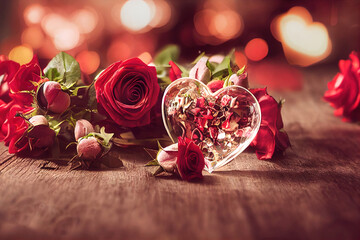 Close up photograph of roses with a glass heart on the table.