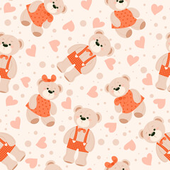 Seamless pattern of cute teddy bears and colorful hearts on a light background. Vector