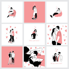 Romantic set of illustrations with man and woman. Love, love story, relationship. Vector design concept for Valentines Day