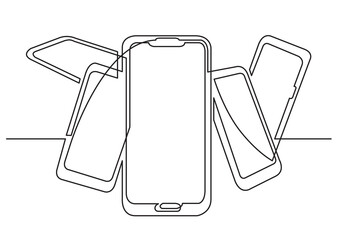 continuous line drawing vector illustration with FULLY EDITABLE STROKE of bunch of mobile phones