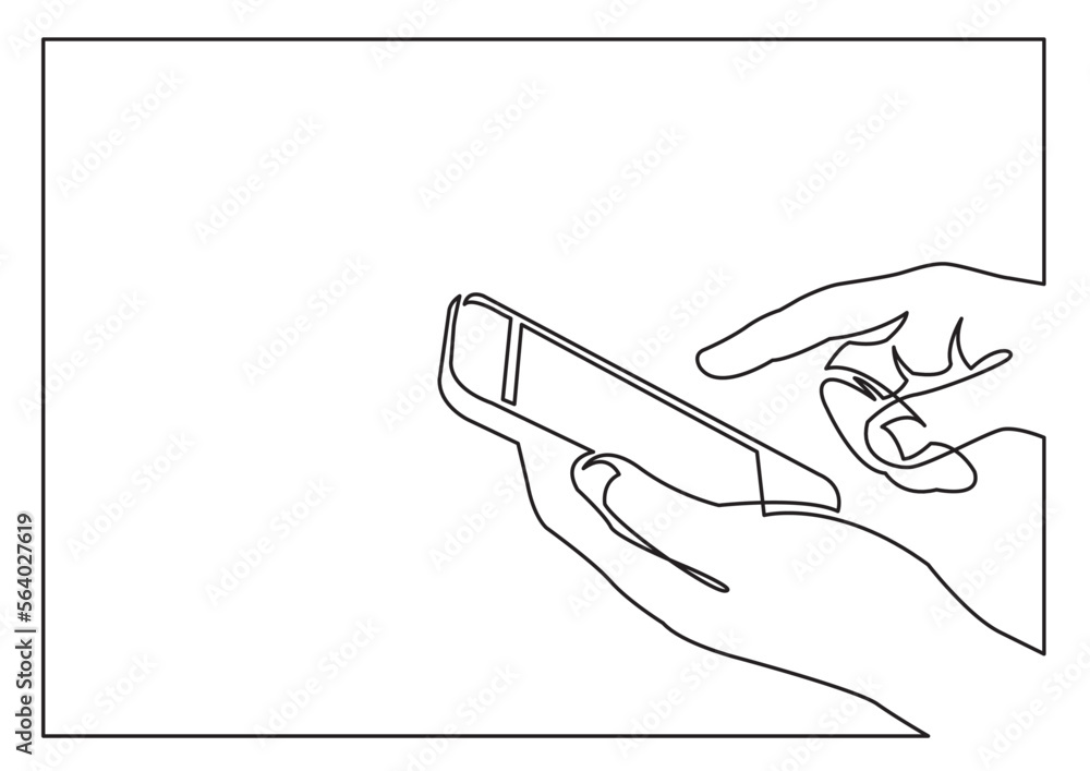 Poster continuous line drawing vector illustration with fully editable stroke of hands using smartphone