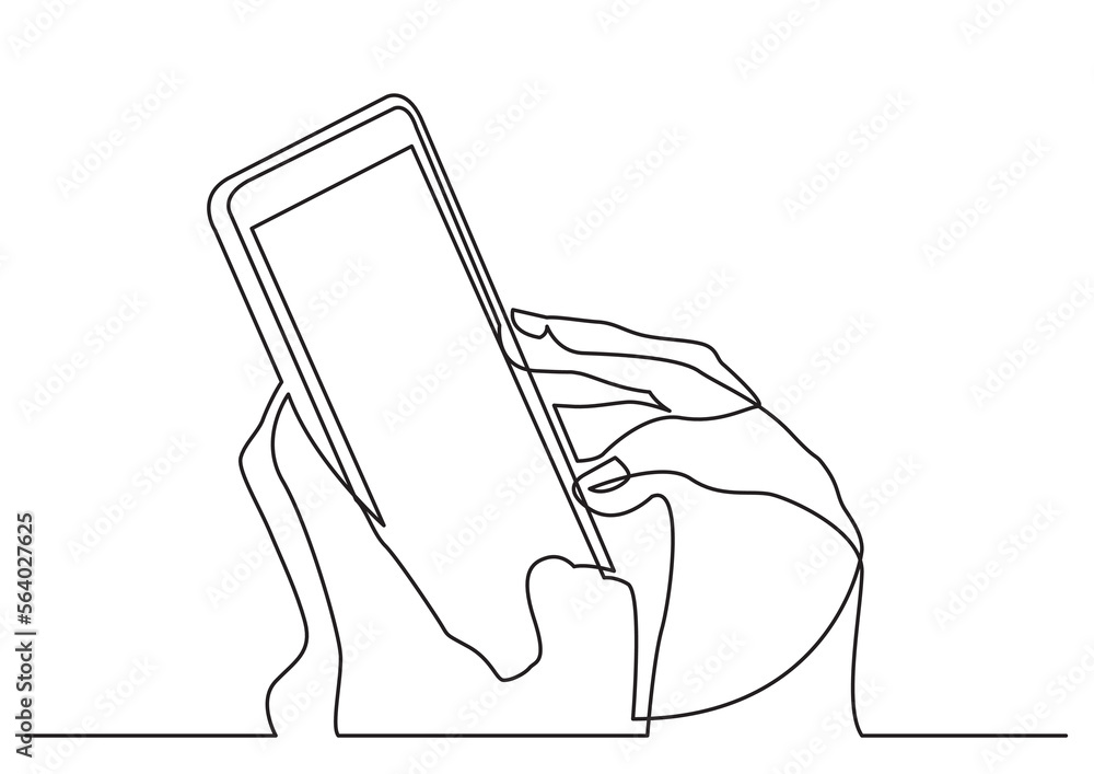 Poster continuous line drawing vector illustration with fully editable stroke of hands with mobile phone