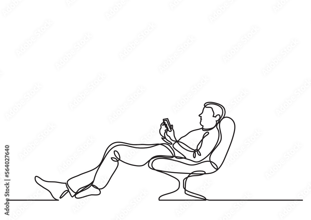 Poster continuous line drawing vector illustration with fully editable stroke of man relaxing in chair with