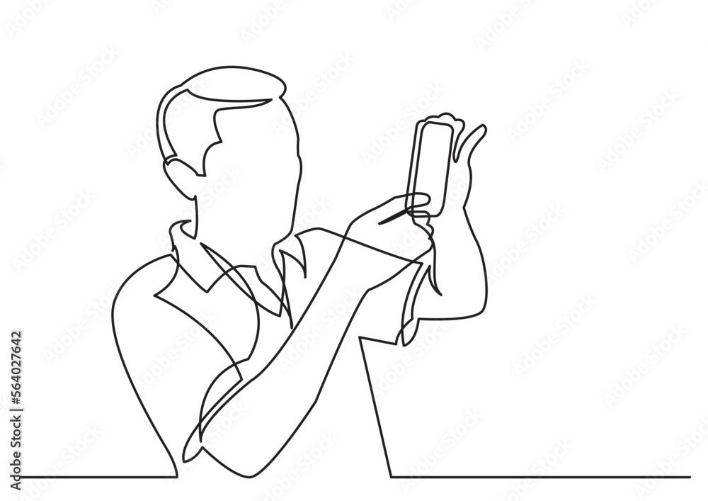 Aufkleber continuous line drawing vector illustration with fully editable stroke of man making photo with smar