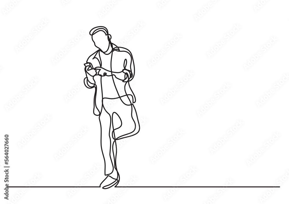 Poster continuous line drawing vector illustration with fully editable stroke of man standing reading smart
