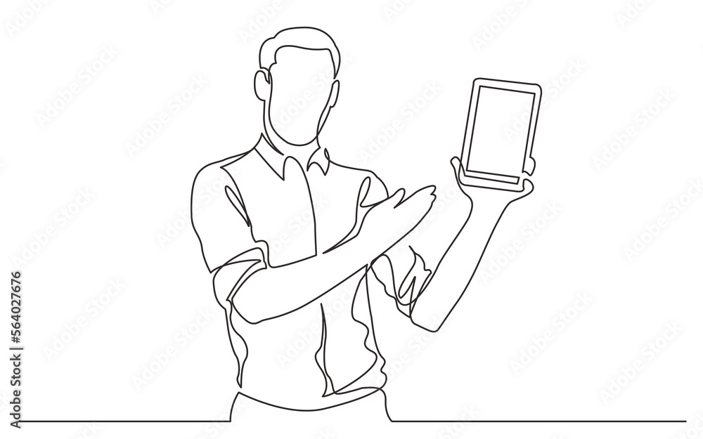 Poster continuous line drawing vector illustration with fully editable stroke of standing man showing at ta