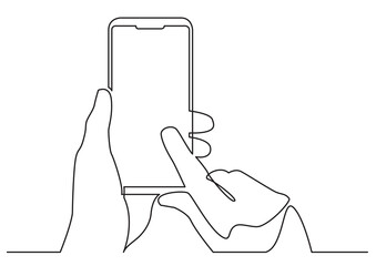 continuous line drawing vector illustration with FULLY EDITABLE STROKE of hands using modern mobile phone
