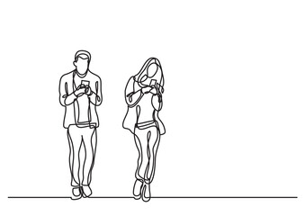 continuous line drawing vector illustration with FULLY EDITABLE STROKE of man and woman standing reading smart phones