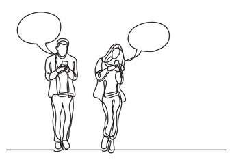 continuous line drawing vector illustration with FULLY EDITABLE STROKE of man and woman standing with smart phones