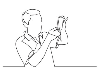 continuous line drawing vector illustration with FULLY EDITABLE STROKE of man making photo with smartphone
