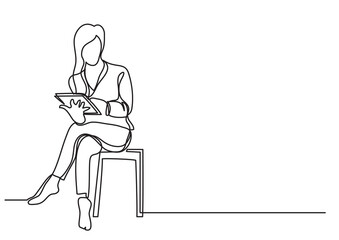continuous line drawing vector illustration with FULLY EDITABLE STROKE of sitting woman reading magazine