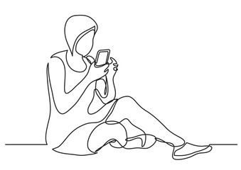 continuous line drawing vector illustration with FULLY EDITABLE STROKE of sitting young woman reading smart phone