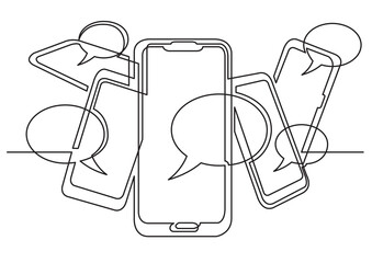 continuous line drawing vector illustration with FULLY EDITABLE STROKE of social media on mobile phones