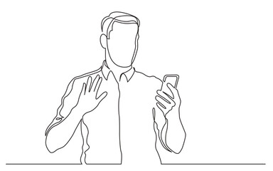 continuous line drawing vector illustration with FULLY EDITABLE STROKE of standing man waving to his mobile phone
