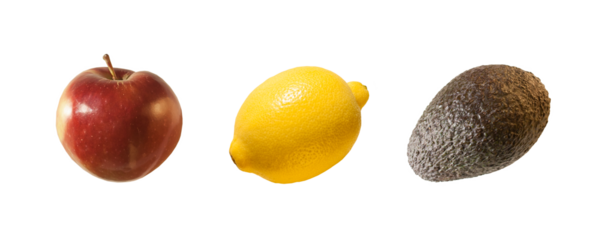 Red apple, avocado and yellow lemon isolated. PNG with transparent background. Flat lay. Clipping path