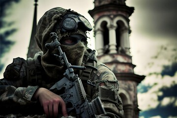 Soldier on a reconnaissance mission, created with generative AI.
