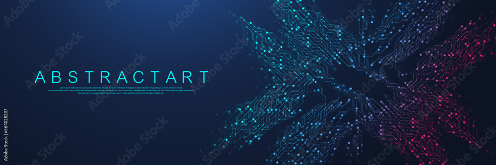 Fototapete Quantum computer technologies concept. Futuristic blue circuit board background vector. Modern technology circuit board texture background design. Waves flow. Quantum explosion technology.