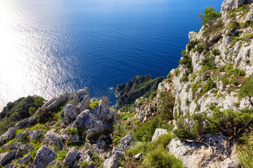Rocky Coast by Sea at Touristic Town on Capri Island in Bay of Naples, Italy. Sunny Day.