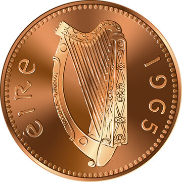 Irish money Pre-decimal gold coin Penny with Celtic harp on obverse
