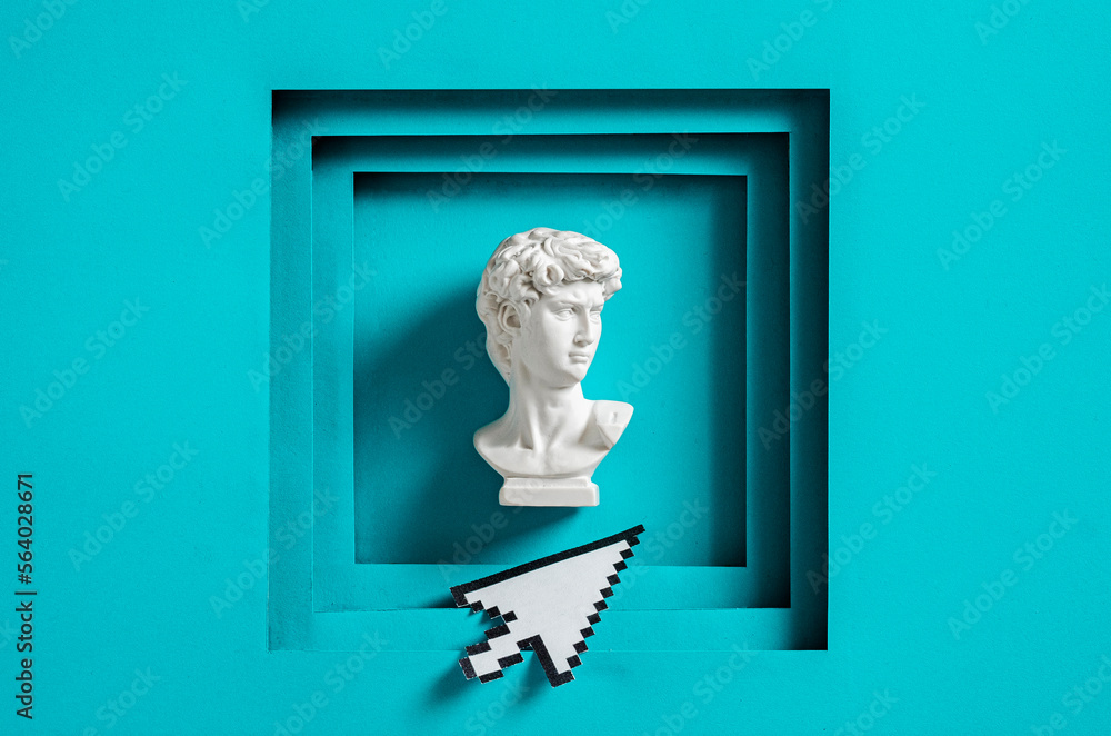 Aufkleber david statue and pixel mouse cursor framed in cyberpunk and vaporwave style. minimal concept of mode