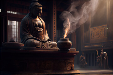 A Buddhist temple with a statue of the Buddha and incense burning.  Religious observance and mindfulness. Generative AI - obrazy, fototapety, plakaty