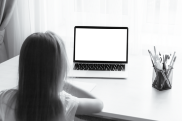 school at home through online homeschooling. the child is sitting at the computer