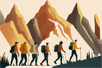 A diverse group of friends of all ages and abilities hiking in the mountains. Adventure and inclusivity in outdoor activities. Generative AI