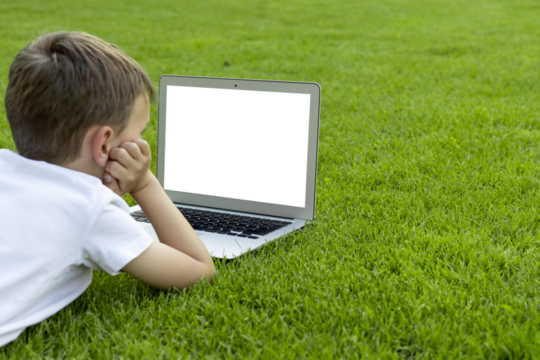 A child sits on the grass and studies with a laptop online, enjoying nature