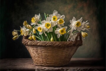  a basket filled with yellow and white flowers on a table next to a wall and a wooden table top with a black background behind it and a green wall behind it is a basket with. Generative AI