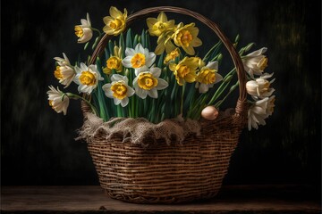  a basket filled with yellow and white flowers on top of a table next to a black wall and a wooden table top with a basket of eggs and flowers in it on top. Generative AI