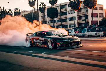 Tuned Toyota Supra drifting through Los Angeles. Generative AI. 