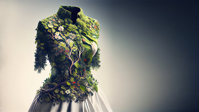 Dress made of fresh green leafs and plants, sustainable fashion concept. Generative AI