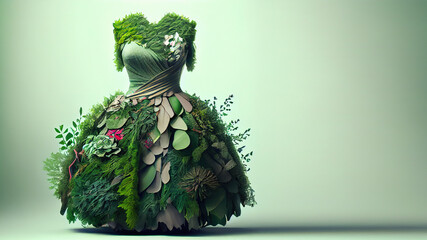 Dress made of fresh green leafs and plants, sustainable clothes concept. Generative AI