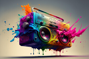 Illustration of a boombox on a graphical background. Portable stereo. 80s music. Urban style party - obrazy, fototapety, plakaty