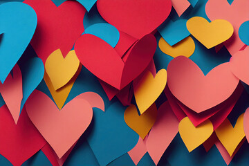The colorful composition of hearts cutout from paper.