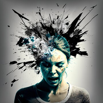 portrait of a woman with an exploding head, mental illness, depression, burnout, sad, generative ai