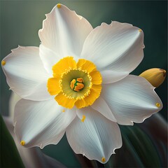 Fototapeta na wymiar a white and yellow flower with a green background and a yellow center in the center of the flower is a bud and a yellow stamene stem is in the center of the flower. Generative AI