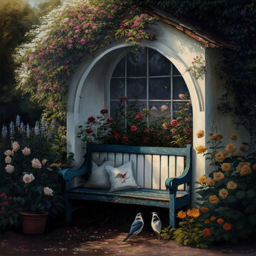  a painting of a bench and flowers in a garden with a window and a bird sitting on the bench in front of it, and a bird sitting on the bench in front of the window. Generative AI