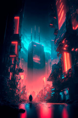 Night city lights. Neon urban future. Futuristic city in a cyberpunk style. Photorealistic Generative AI illustration. Futuristic skyscrapers with neon lights.
