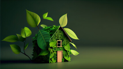 house figurine made of green leafs, white background, ecology concept, copy space. Generative AI - obrazy, fototapety, plakaty