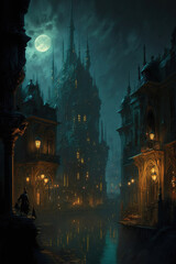 Obraz premium a painting of a city at night time, art illustration 