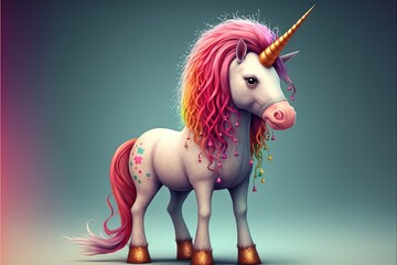 Naklejka na ściany i meble a unicorn with a pink mane and a rainbow tail and a flowered tail, standing in front of a blue background with a pink background and gold border, with a pink border,. Generative AI