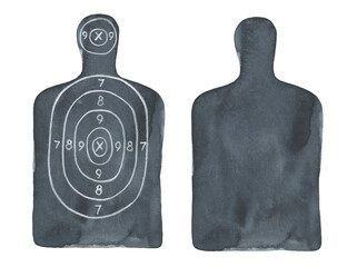 Illustration of Human Silhouette Shooting Target in two variation: blank one template and with white markup and numbers. Hand painted watercolour sketchy drawing, cut out clip art elements for design.